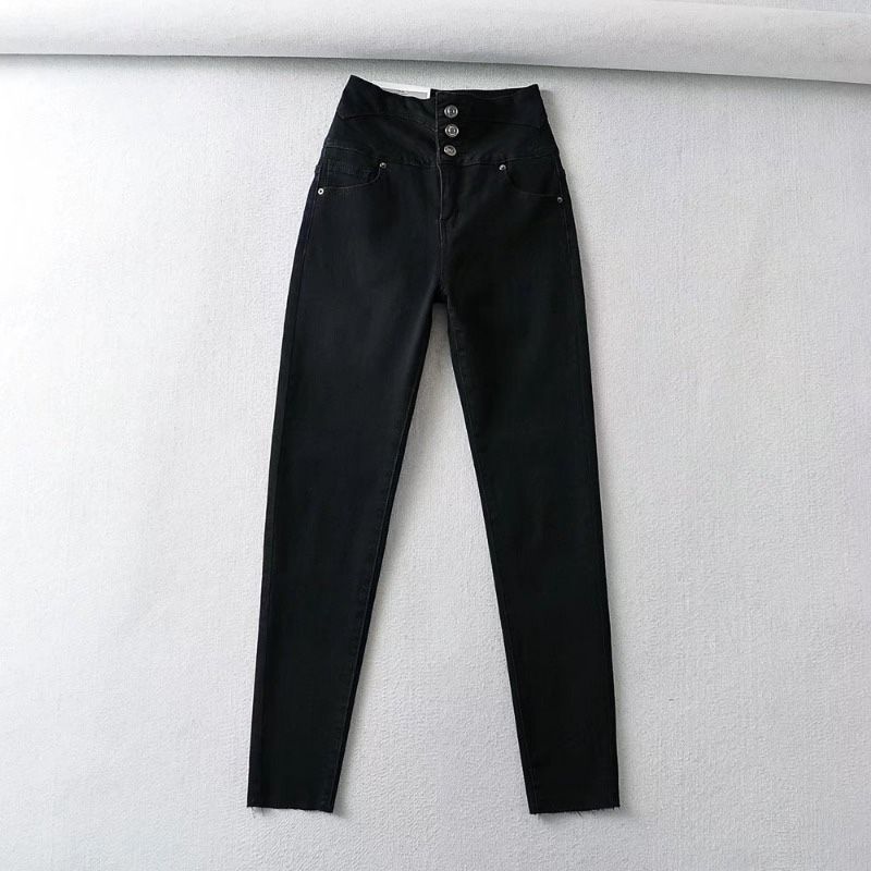 

European and American-Style High-Waist Three-Button Elastic Slimming Jeans Black XS