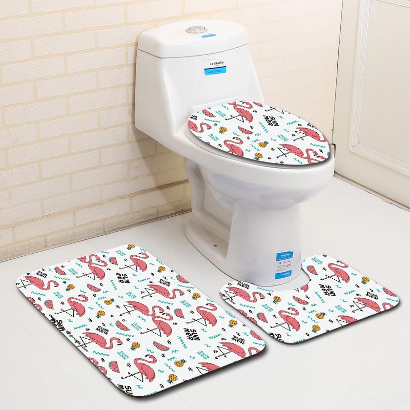 European And American Style Pink Cute Animal Flamingo Floor Mat Carpet Girl Heart Hand-Painted Illustration Toilet Three-Piece Set