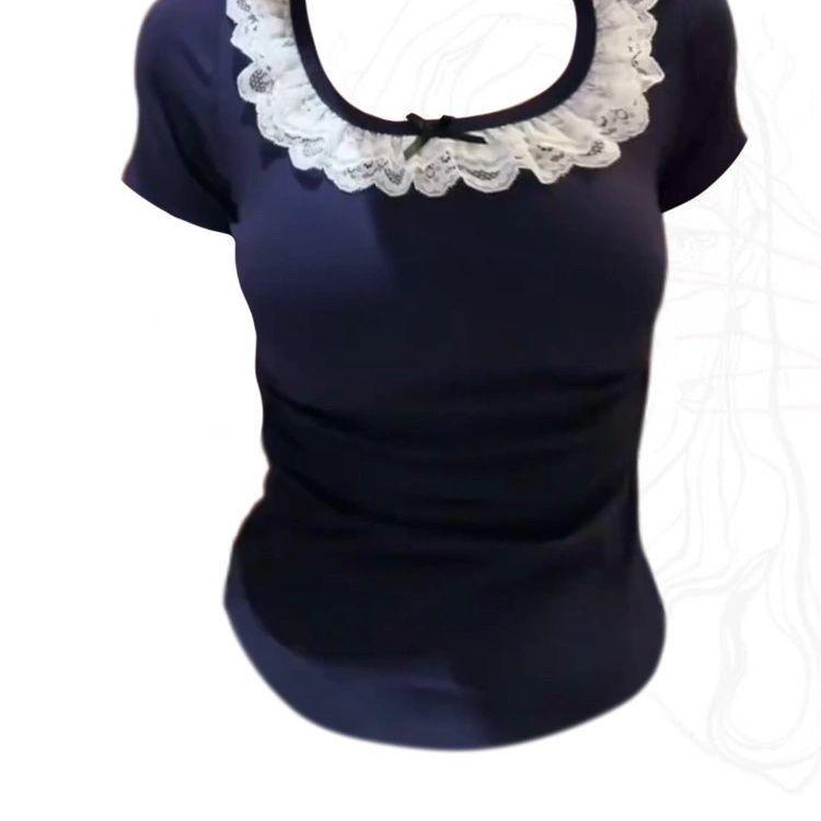 Lace Trim Patchwork Short Sleeve Women's Slim Korean Style Petite Summer Top