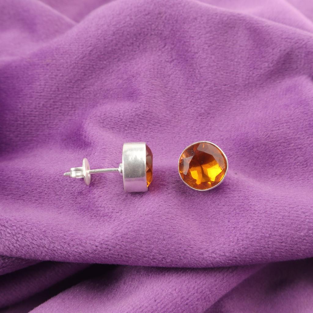Rund Citrin Edelsten Trendy Stiftpost Håndlaget Nye Øredobber Smykker 925 Sølv EE-150-2