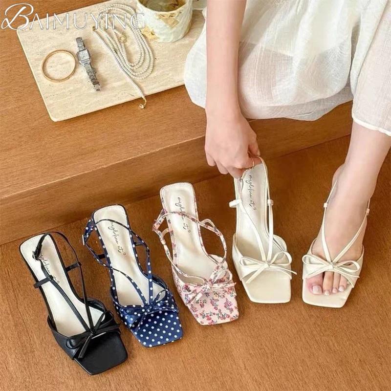 Fashion Women Square Toe High Heels Sandals Bow Sexy Summer Party Shoes 2025 Designer New Slippers Dress Trend Open Toe Woman Sexy Pumps