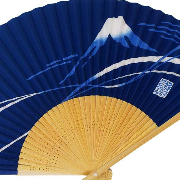White Intricately Navy Blue with a Mount Fuji Men's Fan, Bamboo, Carved, Scented, Background, Design.