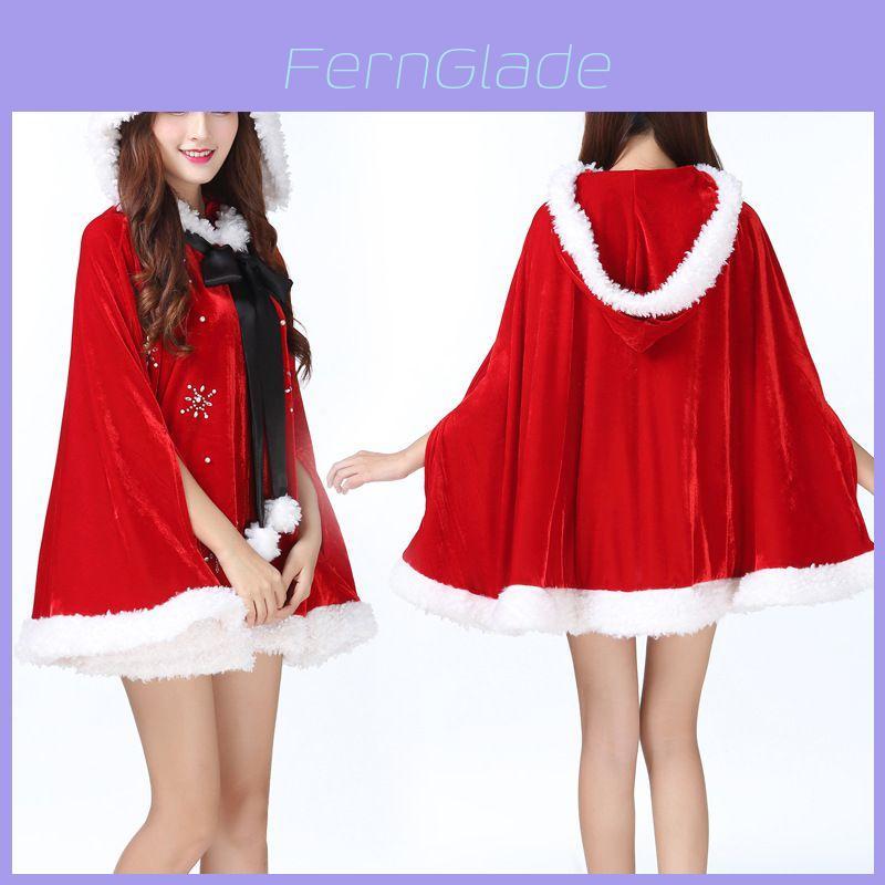 Atemberaubender Damen Weihnachts-Rot-Samt Nikolaus Umhang Kapuze Xmas Cosplay Kostüm