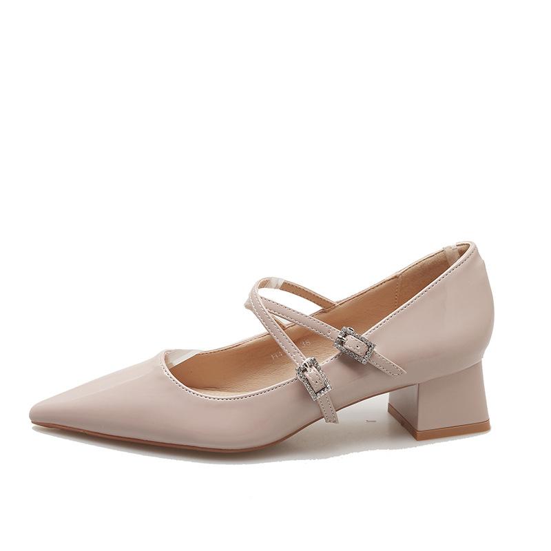 

Pointed thick-heeled shoes women s patent leather black rhinestones with Mary Jane shoes 2024 spring and autumn new soft leather high heels 40 тілесний