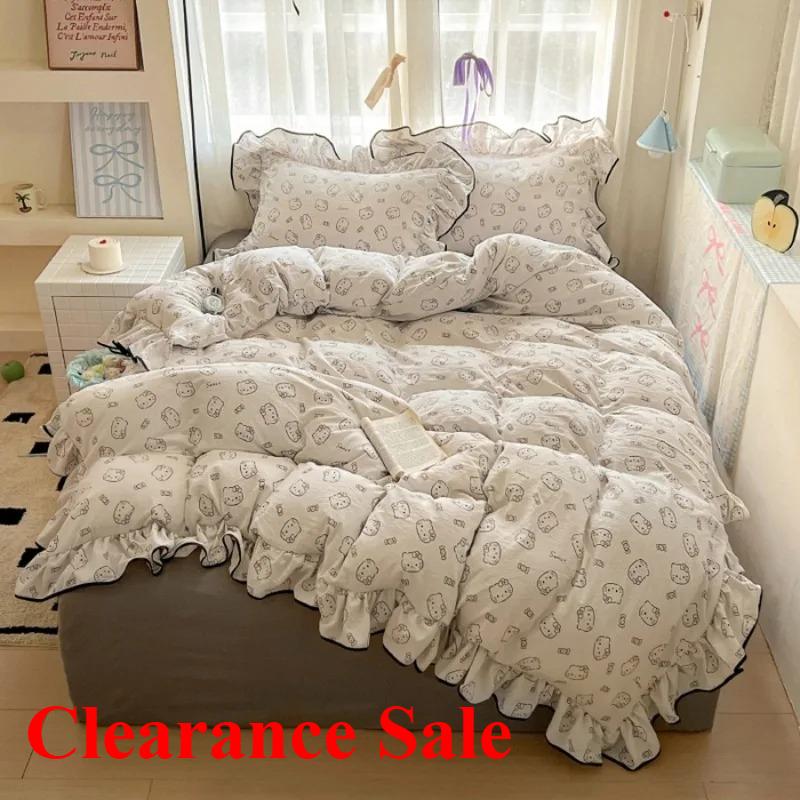 2025 New Cream Lace Girl Powder Grid Korean Version Bed 4-piece Set Washed Cotton Double-layer Yarn Quilt Cover Dormitory