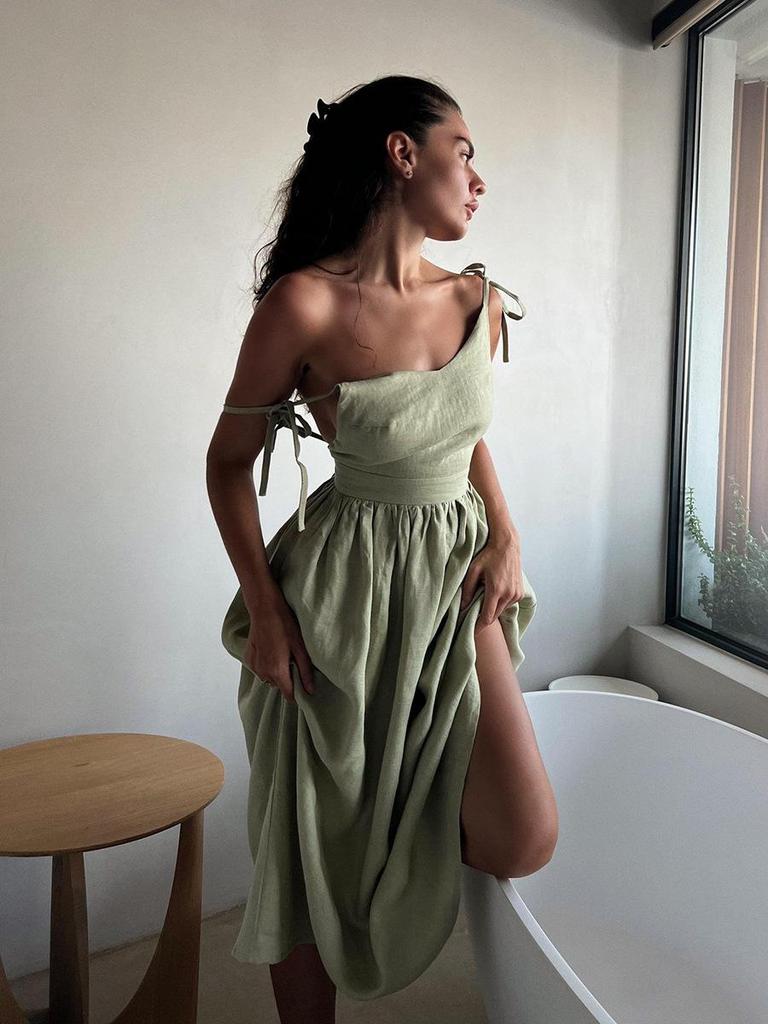 European Cross 2024 Pure Cotton V-neck Spaghetti Strap Midi Dress with Lace-Up Open Back