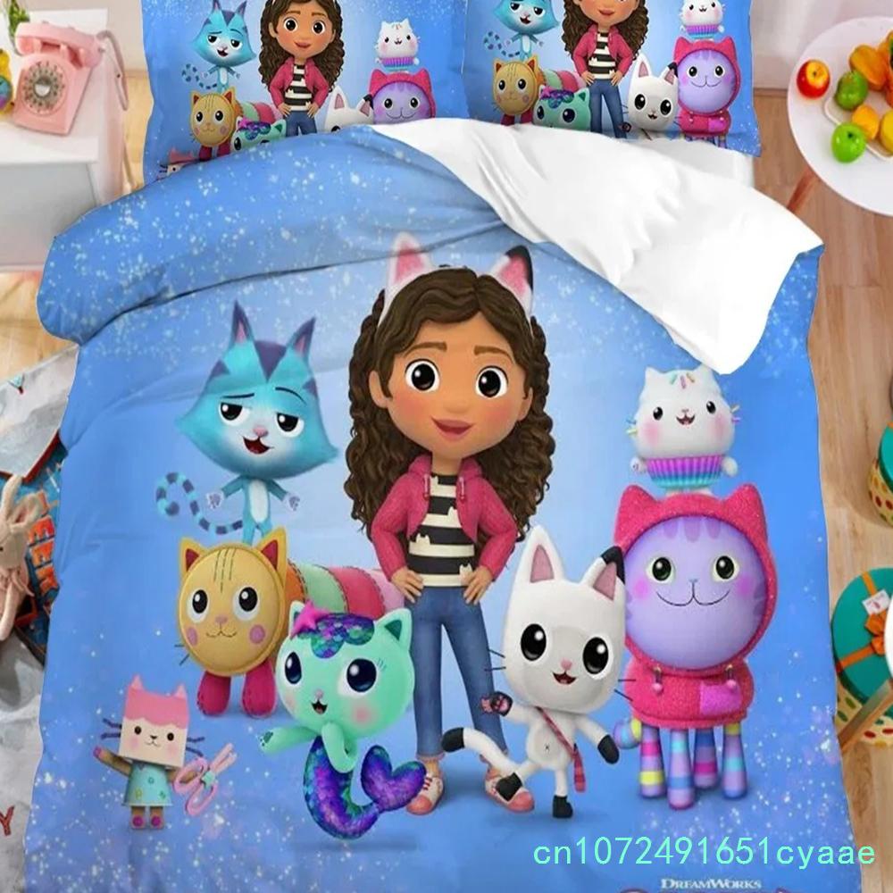 Gabby's Dollhouse Bedding Set,Kawaii Gabby's Dollhouse Duvet Cover Bed Linen Set Single Double Size,Bedclothes Quilt Cover