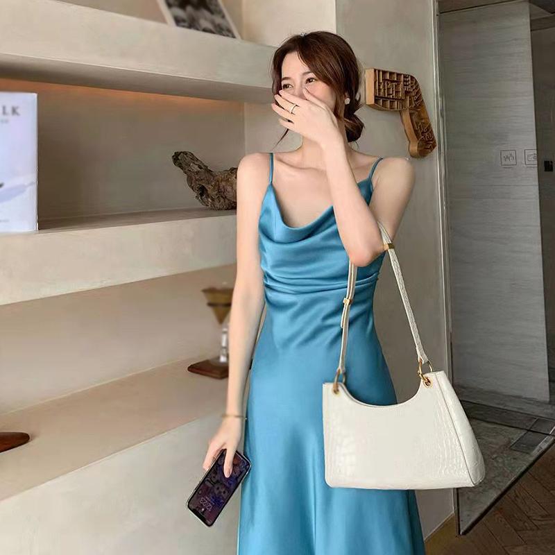 Strapskleid Damen Kleid Mittellang Taille abwärts Schmal Satin