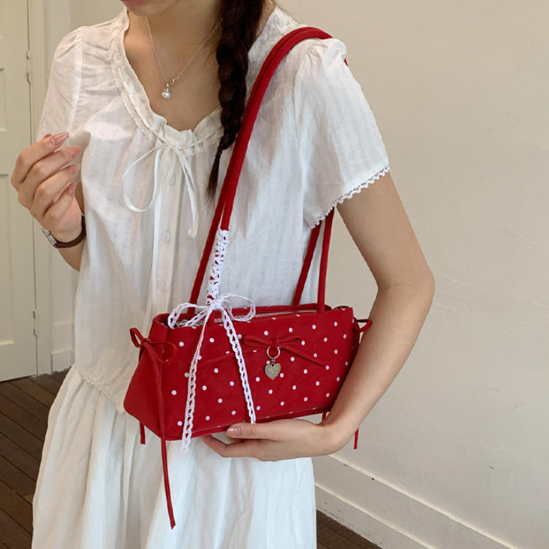 Bow-tie Lace Trim Shoulder Bag Korean Popular Polka Dot Handbags Cute Elegant Underarm Bag Zippered Large-capacity Commuter Bag