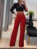 Women's High Waist Straight Leg Pants with Metal Buckle - New Solid Color Fashion Arrivals