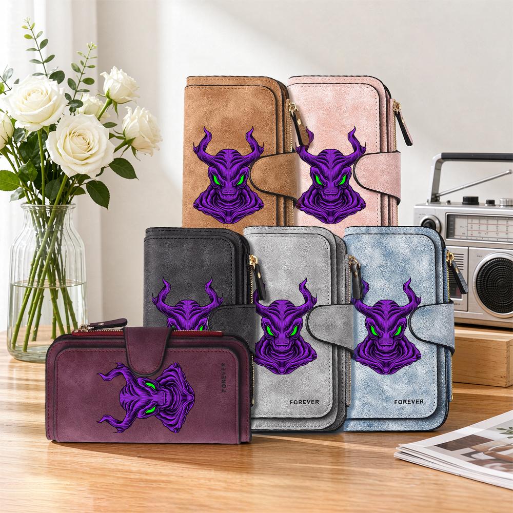 Gothic Purple Demon Pattern Long Wallet Cool Multislot Casual Card Holder Fashion Zipper Purse