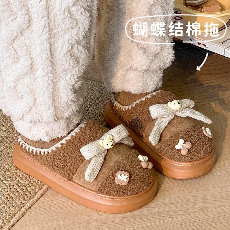 Winter new cotton drag bear bow sweet plush warm home slippers low top plush
