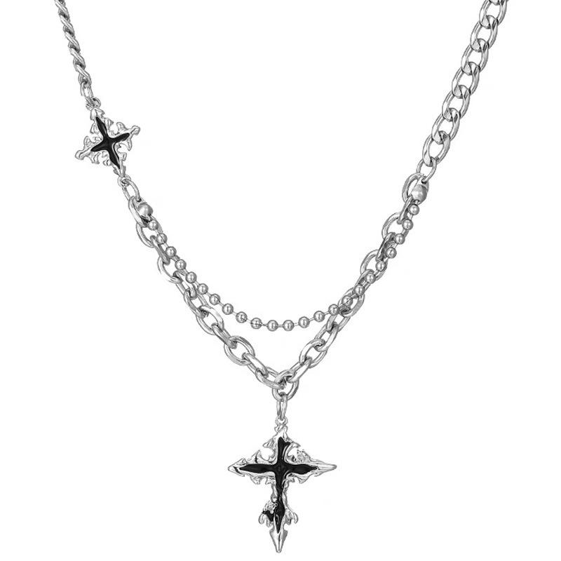 

Double Layer Cross Star Pendant Necklace for Men Women, Punk Cuban Link Chain, Gothic Hip Hop Jewelry Gift