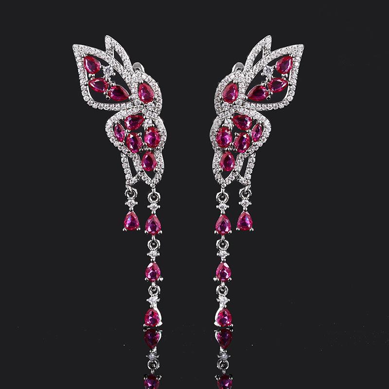 New Earrings S925 Silver Needle Bracelet Ruby Set Butterfly Tassel Light Luxury Versatile Women's Jewelry Goods