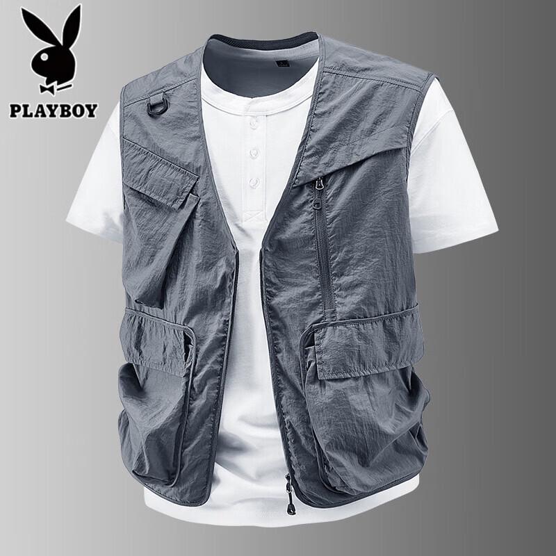 PLAYBOY Men s Casual V-Neck Zipper Multi-Pocket Summer Apparel L