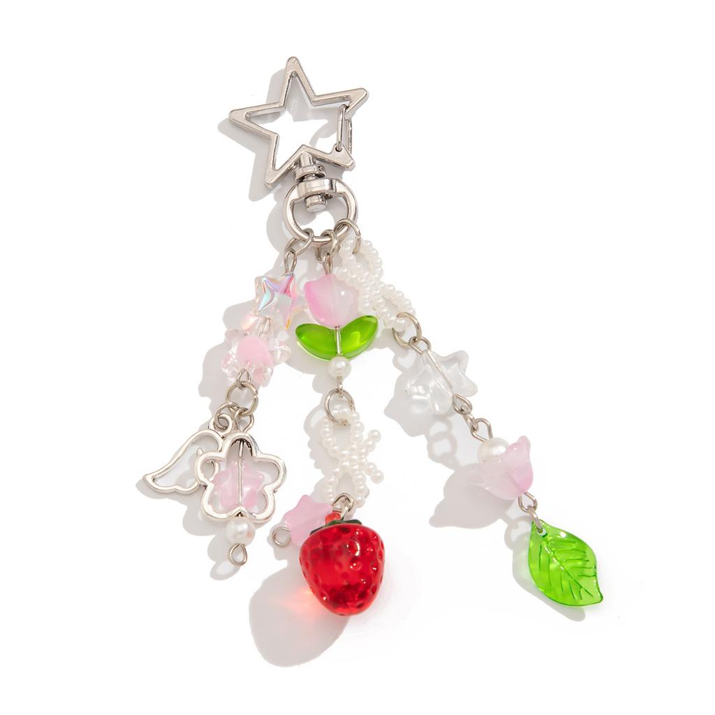 Wind Heart Shape Strawberry Pendant Keychain Female, Sweet Tulip Star Mobile Phone Chain Lanyard
