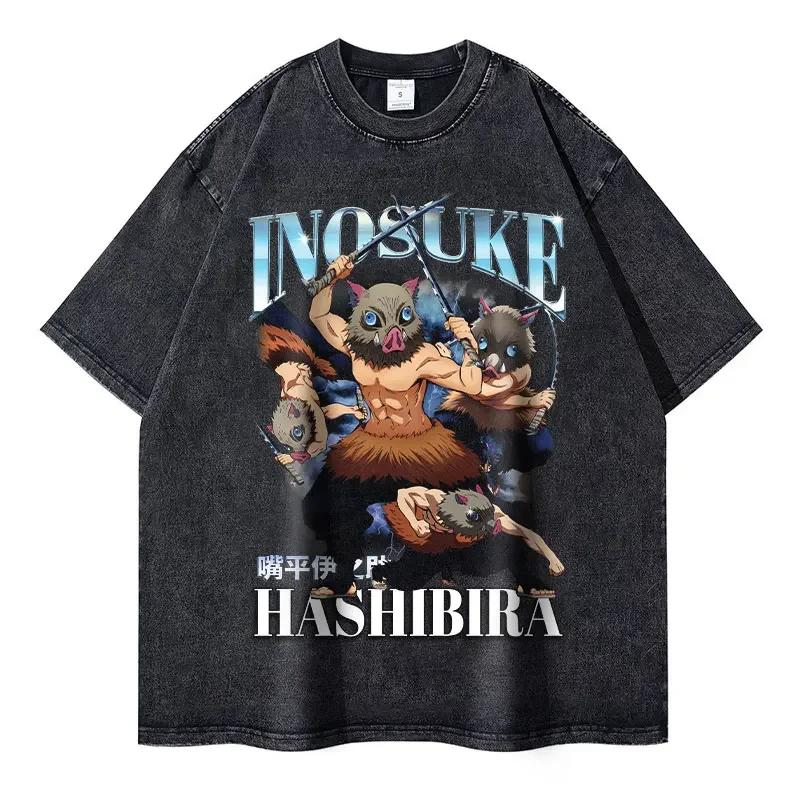 Heißer Verkauf Japan Anime Demon Slayer Nezuko Manga Vintage Gewaschen Kimetsu No Yaiba Grafikdruck T-Shirt Herren Damen Oversized Kurzarm Sommer Neues T-Shirt