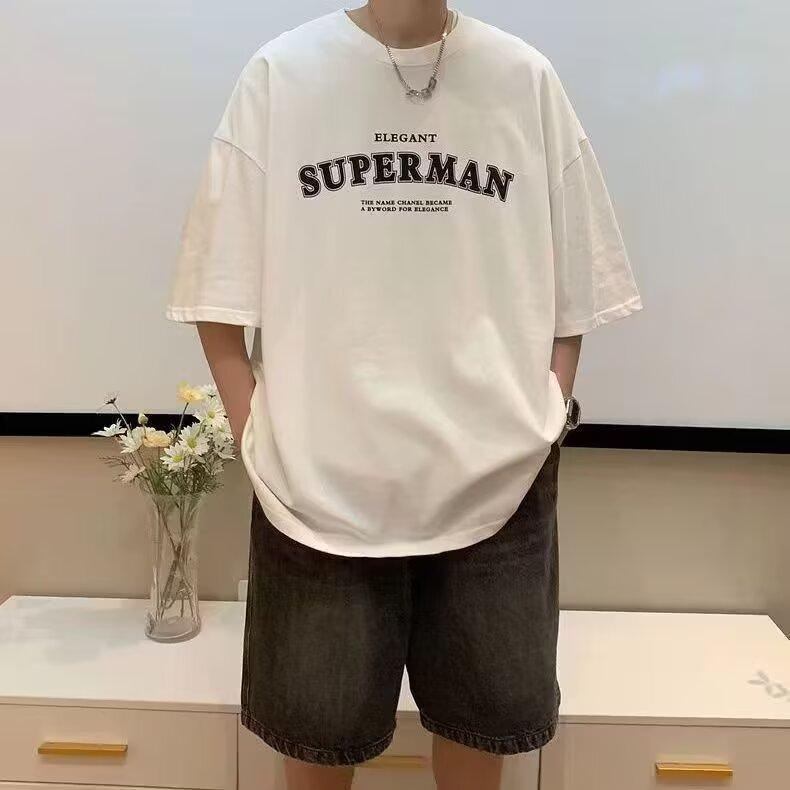 

Short-Sleeved T-Shirt Men S Foreign-Style Loose Korean Letters Printed Round Neck Tops Casual Summer Versatile Tops 5XL темно-сірий