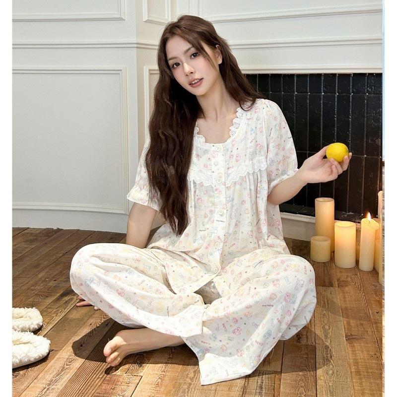 Sweet Wind Pure Cotton Floral Printing Pajamas Spring and Summer New Round Neck Lace Edge Can Be Worn Outside Short-sleeved Loungewear Suit