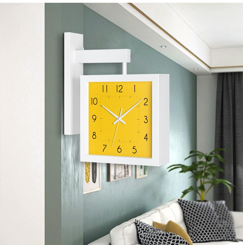 

Nordic square hanging watch living room home creative double-sided wall clock modern simple two-sided clock solid wood silent (YELLOW,12 inch) жовтий
