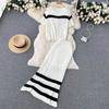 Women's Autumn Two-Piece Suit Short-Sleeved Knitted Sweater Top High-Waisted Slim Bag Hips Long Skirt