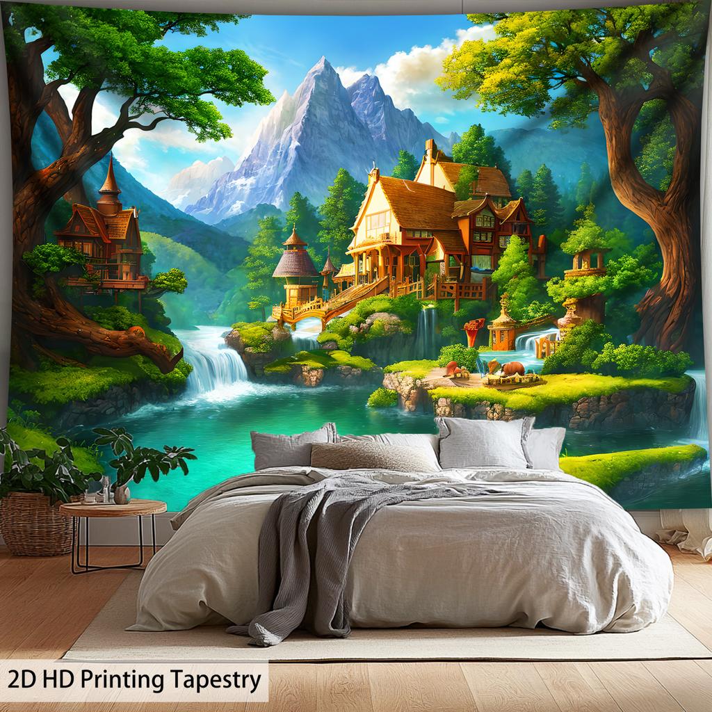 Polyester Wall Tapestry with Digital Waterfall Print In the Fairy Tale Forest, Suitable for Use In Living Rooms, Bedrooms, Bars and Parties.