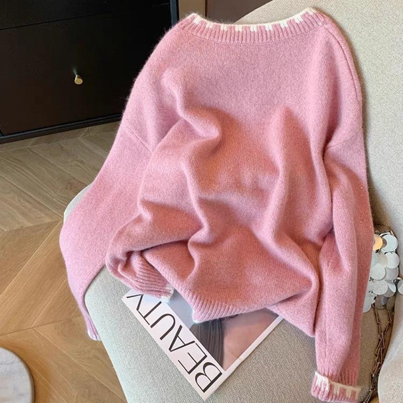 Pink soft waxy pullover knitted sweater women's autumn and winter new design sense age reduction sweet temperament lazy sweater