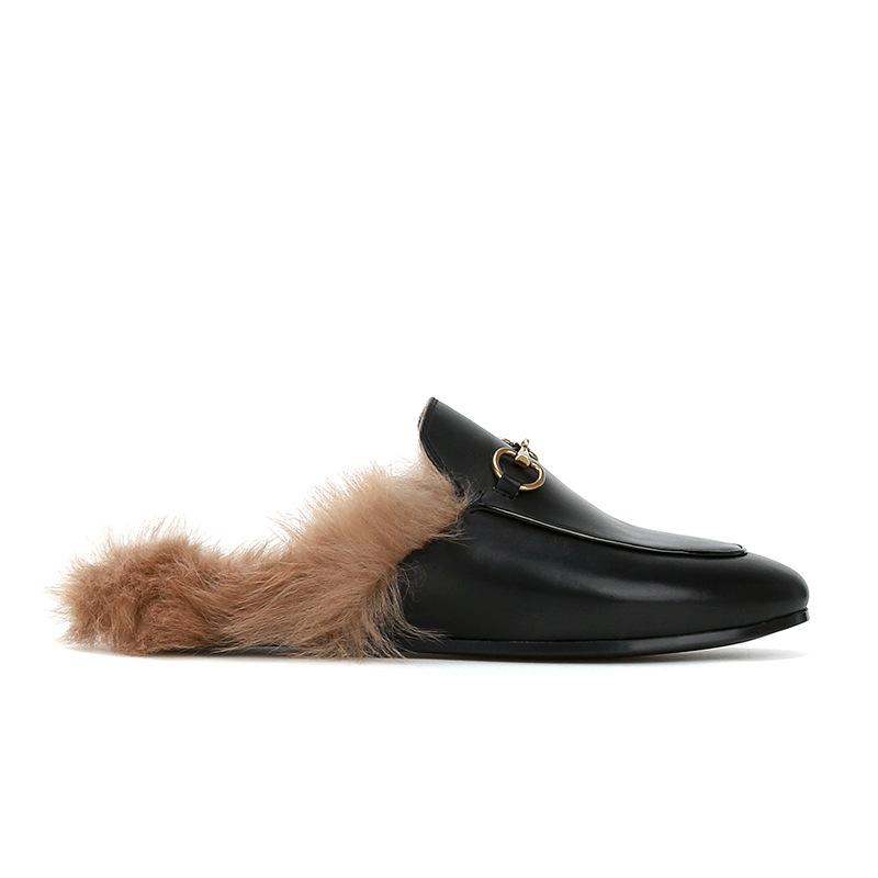 

[] Word-of-mouth series~ Horse buckle bag head half slippers wool slippers women s outer wear 35 чёрный