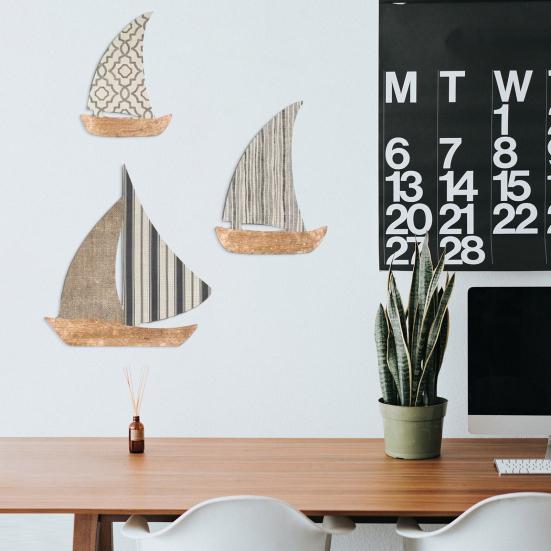 3 Stück Holzsegelboot Nautische Wandkunst Rustikale Ozean-Küstenhänge-Skulptur Mediterraner Stil Seehaus Wanddeko für Badezimmer Wohnzimmer