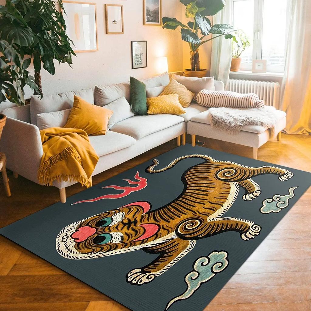 Artistic Tiger Pattern Vintage Inspired Floral Motif Decorative Border Living Room Bedroom Home Decoration Carpet Mat Rug