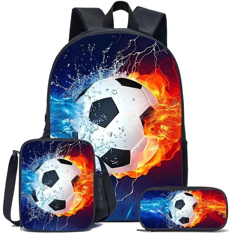 3Pcs Soccer Crown Number 7 Backpack Set,Football Print School Backpack with Lunch Bag and Pencil Case,Kids Sports Bookbag Set for Student Daily School
