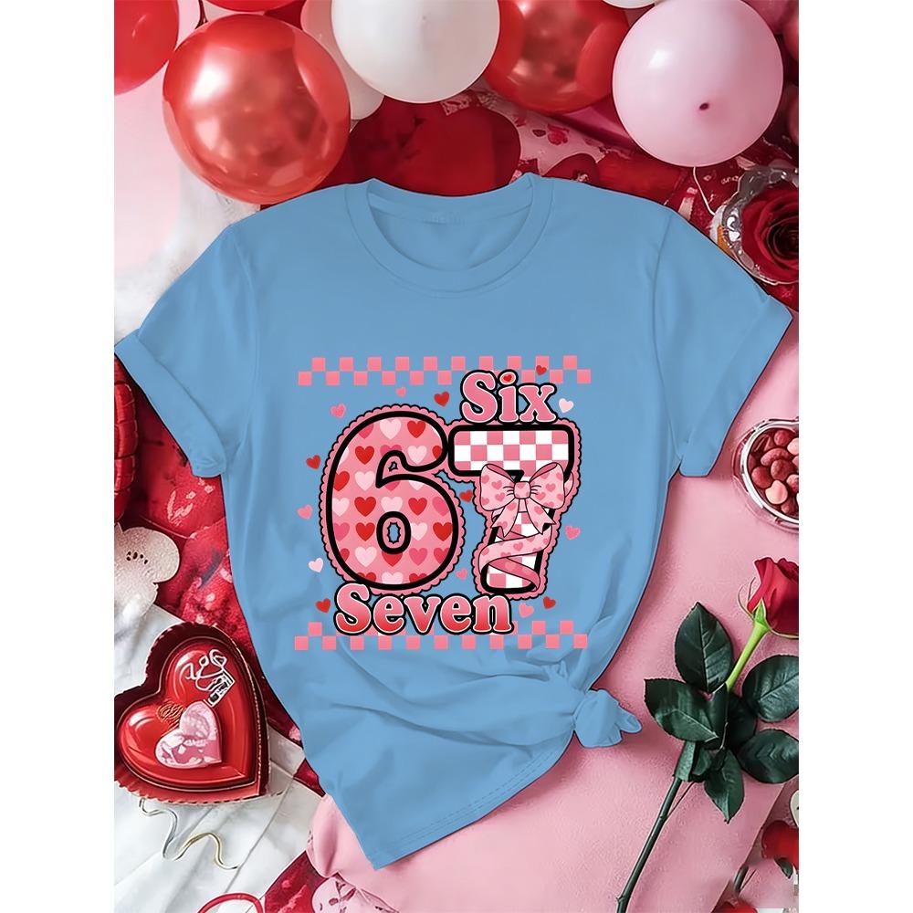 Vintage Grid Number 67 Sweet Coquette Bow Valentine's Day T-shirt Women Men Funny Six Seven Trend Y2K Tees Tops Gift