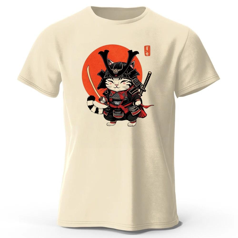 New Mens Samurai Cat Printed Sports Fitness Loose Large Womens Pure Cotton Fashion Casual Camiseta Street Daily Clothing