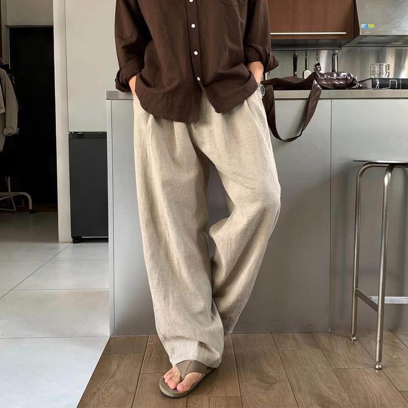 Ice silk linen trousers non-wrinkled elastic waist mopping wide-leg trousers men's polyester imitation linen process