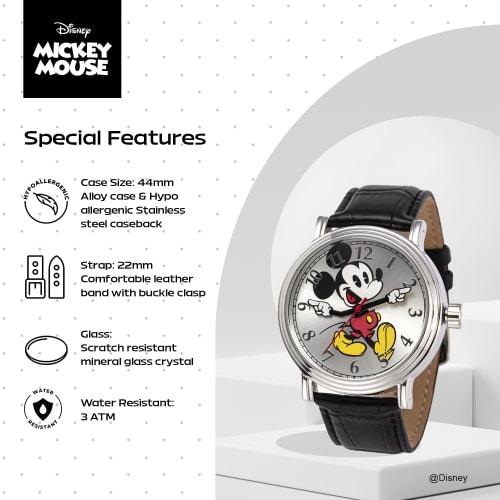 Disney W001868 Mickey Mouse Stříbrné hodinky s černým řemínkem pro muže
