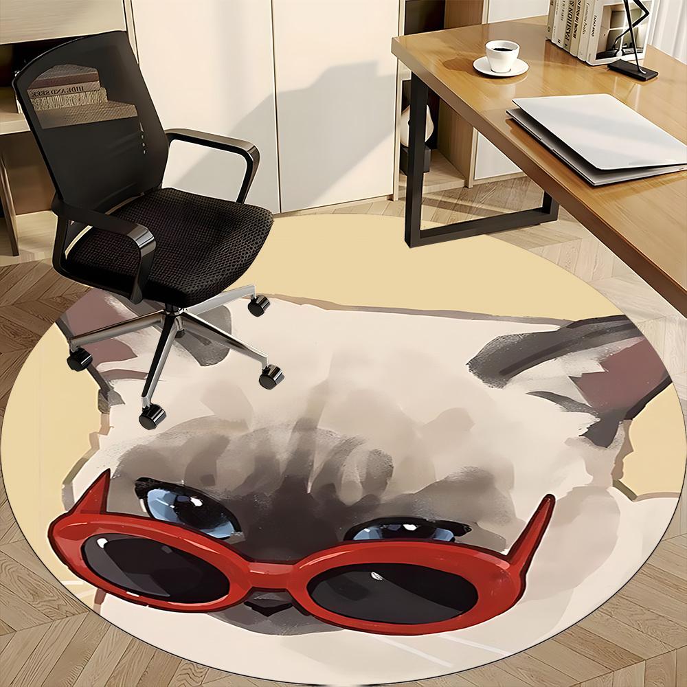 1PC Cat Sunglasses Office Round Area Rug, Mat Suitable ForOffice, Under Office Chairs Bedroom Living Room Home Decor, Room Deco