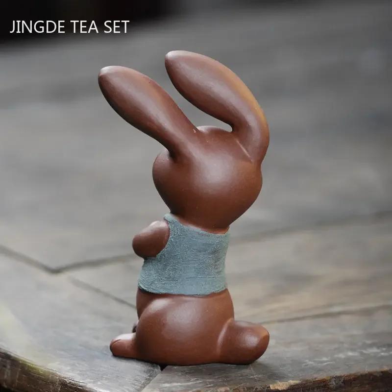 Yixing Purple Clay Tea Pet Rabbit Ornaments Handmade Mud Painted Animal Sculpture Tea Set Decoration Desktop Decore Crafts