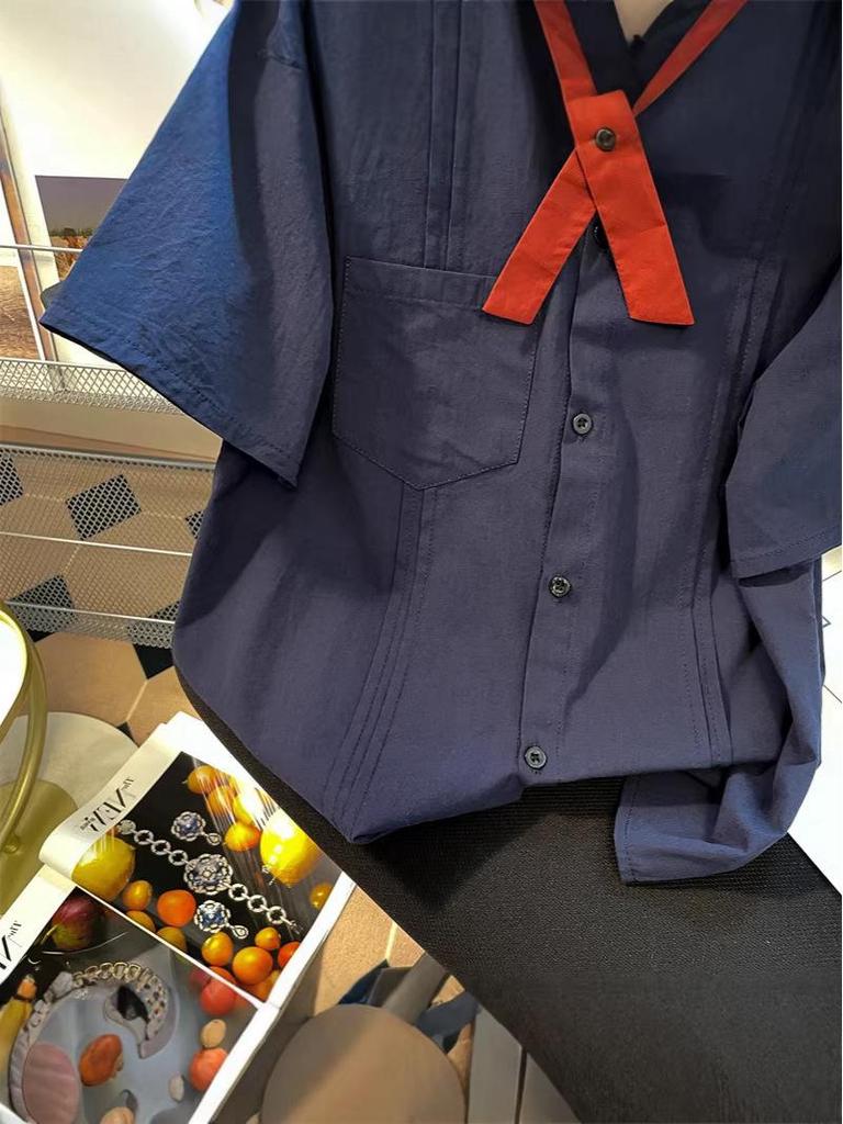 Women's Dark Blue Japanese Academy Style Short-Sleeve Tie Shirt - Casual Retro Loose Fit Crop Top