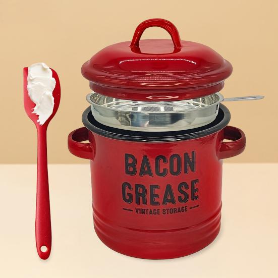 Bacon Grease Container with Strainer Scraper 46oz Ceramic Grease Saver 46oz Retro Lard Pot Cooking Up Fat Catcher