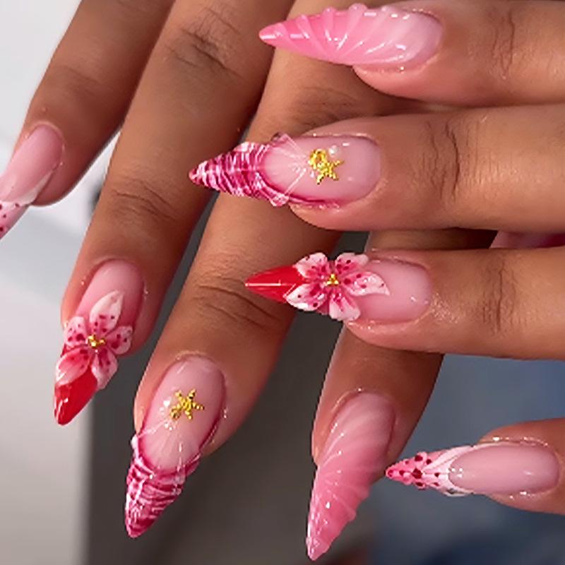 24Pcs Yellow French Full Cover Nails Tips Mid-length Almond Detachable False Nails 3D Flower Pearl Starburst Press on Fake Nails