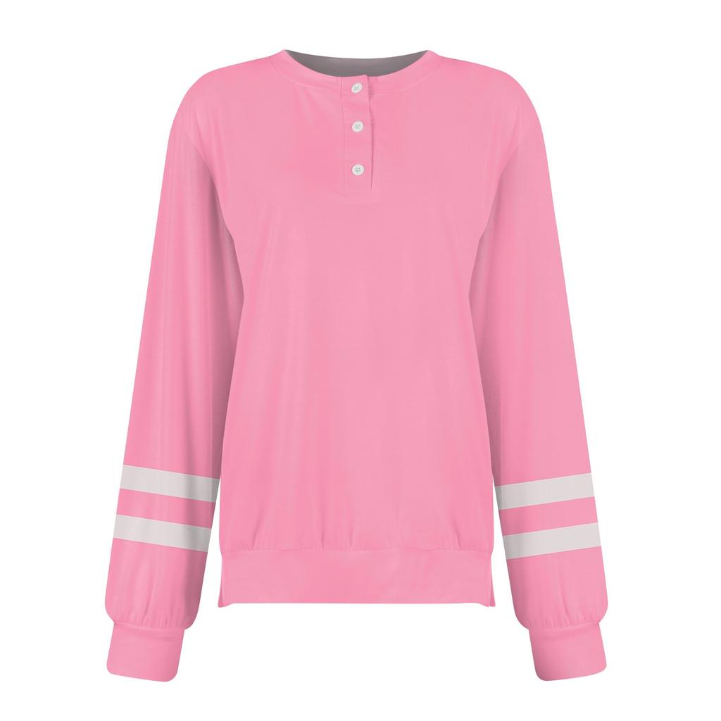 Women's Casual Fashion Comfortable Striped Long Sleeve Round Neck Button Casual Loose Hem Side Slit T-Shirt Tops