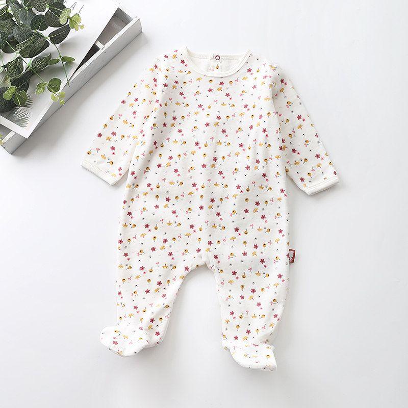 French-Style 6-36m Baby Spring and Autumn Velvet Whale Floral Back-Opening Footed Romper Infant Alpaca One-Piece Crawling Suit
