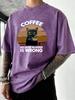 Cat Like Drink Coffee Printed Men Washed TShirt Cotton Summer T Shirts Vacation Oversized Streetwear Soft Casual Clothes