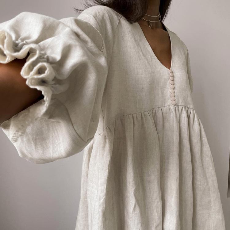 French Skirt Style Commuter V-neck Lantern Sleeve Loose Dress