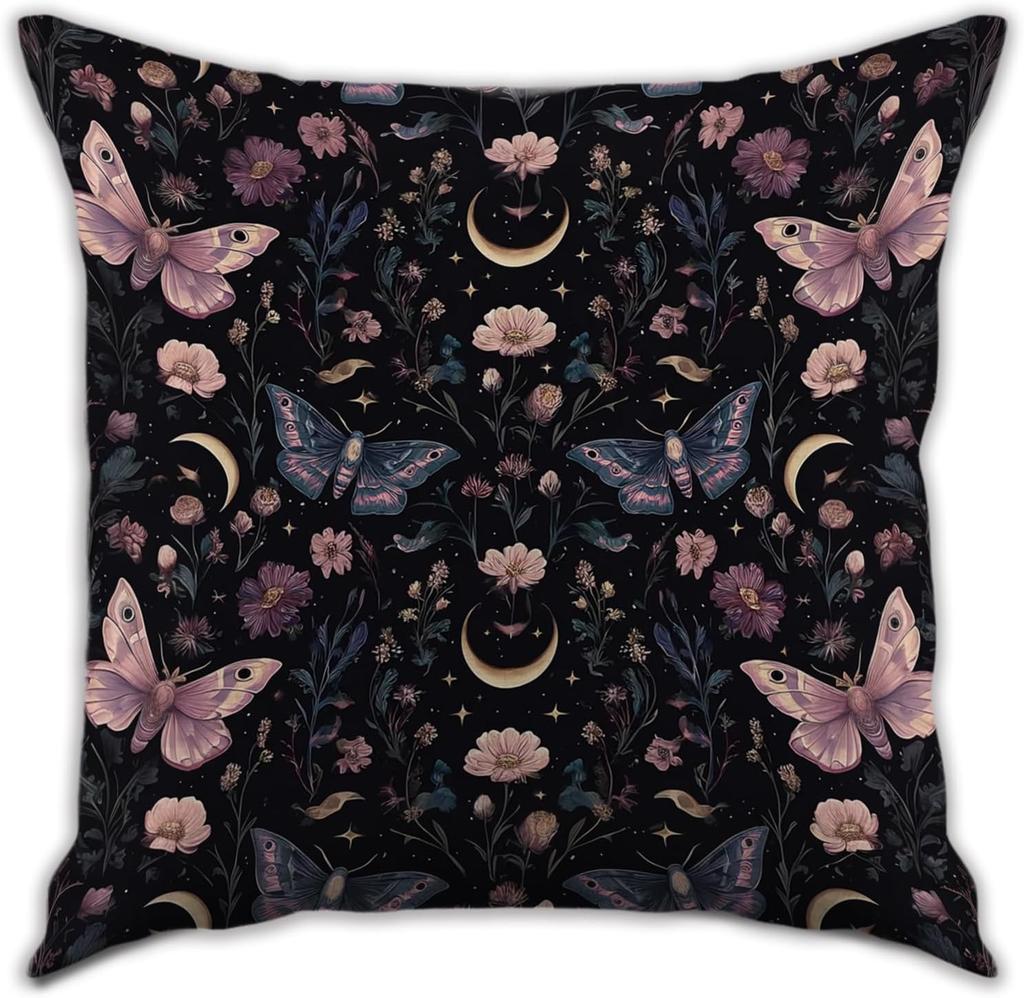 1pcsThrow Pillow Cover with Moon&Floral Design, Vintage Dark Mystic Pillowcase Art Print Decor, Indoor Cushion Case for Sofa Cou