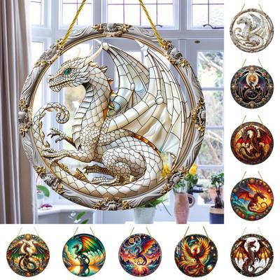 Window Hanging Pendant with Lanyard Realistic Dragon Printing Round Shape Sun Catcher