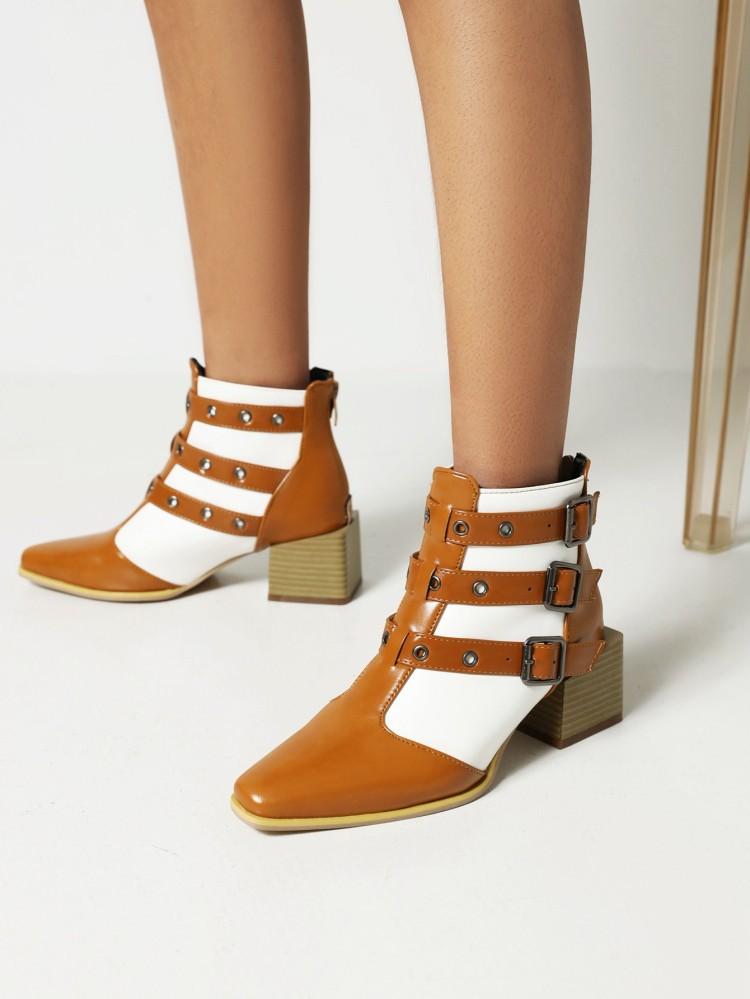 European and American Thick Medium Heel Belt Buckle Rivet Boots Female Martin Boots Short Boots Autumn and Winter