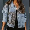 Women's Denim Jacket with Leopard Print Patchwork - Long Sleeve Autumn/Winter Style