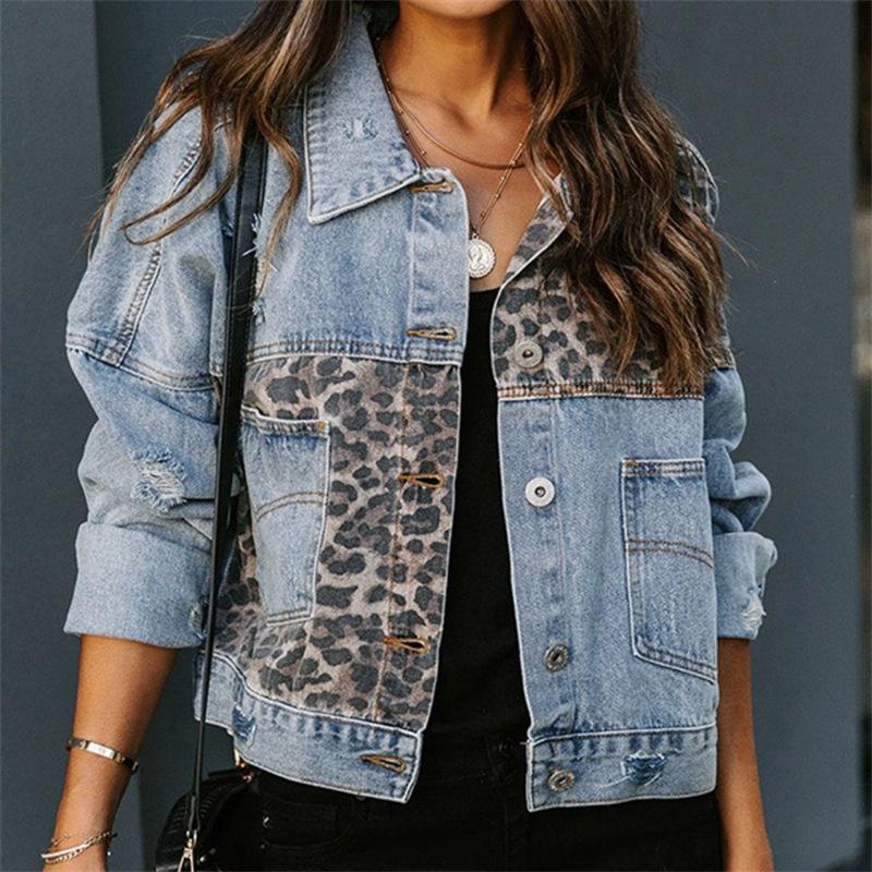 Women's Denim Jacket with Leopard Print Patchwork - Long Sleeve Autumn/Winter Style