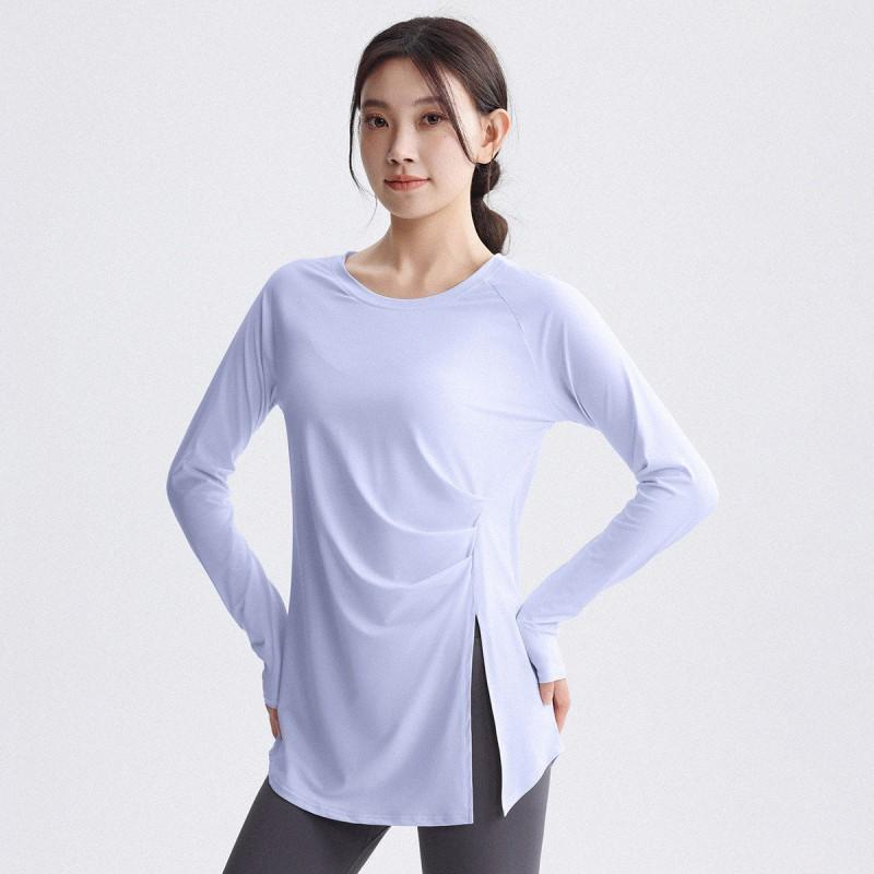 Haut de Yoga Manches Longues pour Femme Séchage Rapide Coupe Ample T-shirt d'Entraînement Course Pilates Gymnastique Fitness Longueur au-dessus des Hanches